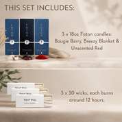 Informational graphic titled “This Set Includes” featuring a USA-themed Foton candle bundle with three 18oz candles in Bougie Berry, Breezy Blanket, and Unscented Red scents, along with three packs of 30 cotton wicks that each burn for approximately 12 hours.