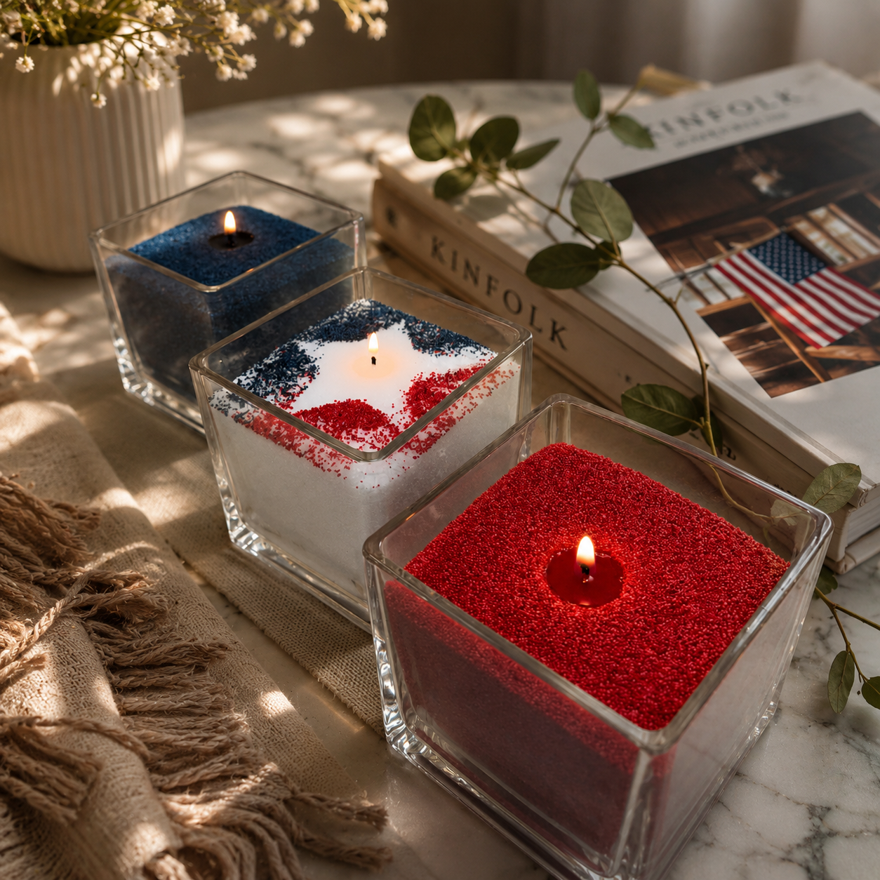 Cozy tabletop display featuring three square glass candles filled with blue, white, and red pearled candle wax, including one with a patriotic star-inspired surface design, arranged beside a book, greenery, and soft woven textiles in warm natural lighting.