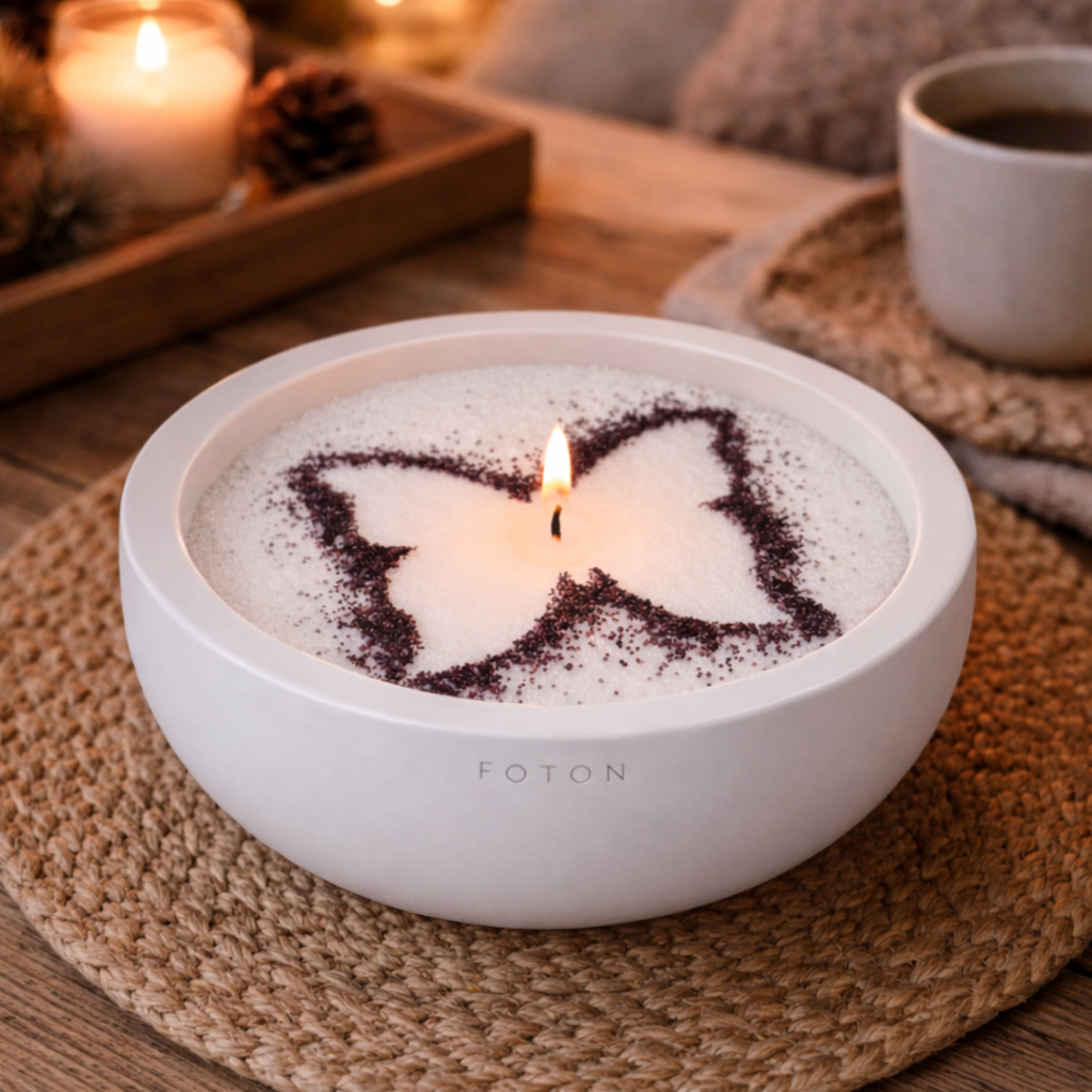 Cozy lifestyle image showcasing a candle in a white Luxe concrete bowl with a butterfly stencil design, softly glowing in a warm, inviting setting with natural textures, candlelight, and comforting elements that evoke a relaxing, creative, and personalized home experience.