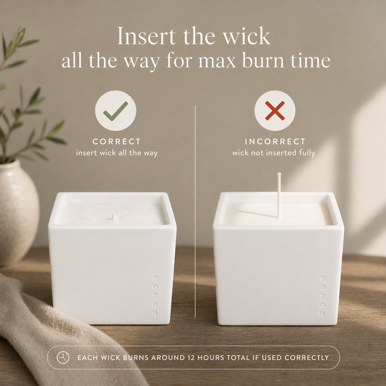 Instructional graphic showing correct wick placement: insert the wick fully into the pearls for optimal burn time (about 12 hours), with a comparison of correct vs incorrect positioning.