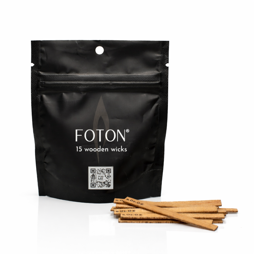 Product image featuring a Foton pack of wooden wicks, including 15 individual wicks displayed alongside the branded pouch, presented in a clean, minimal setting to highlight functionality, quality, and essential candle-making components.