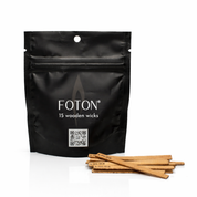 Product image featuring a Foton pack of wooden wicks, including 15 individual wicks displayed alongside the branded pouch, presented in a clean, minimal setting to highlight functionality, quality, and essential candle-making components.
